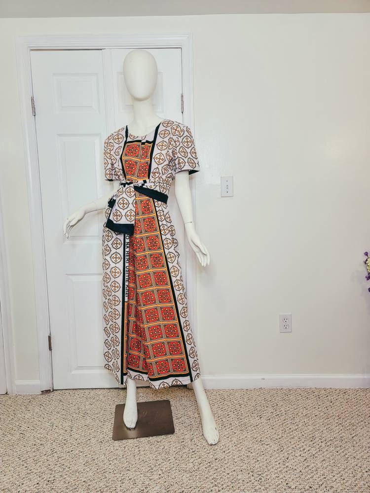 Leso dress w/ wrap swahili African print Pink, Orange and White, A-Line head wrap cotton scarf (US 10)