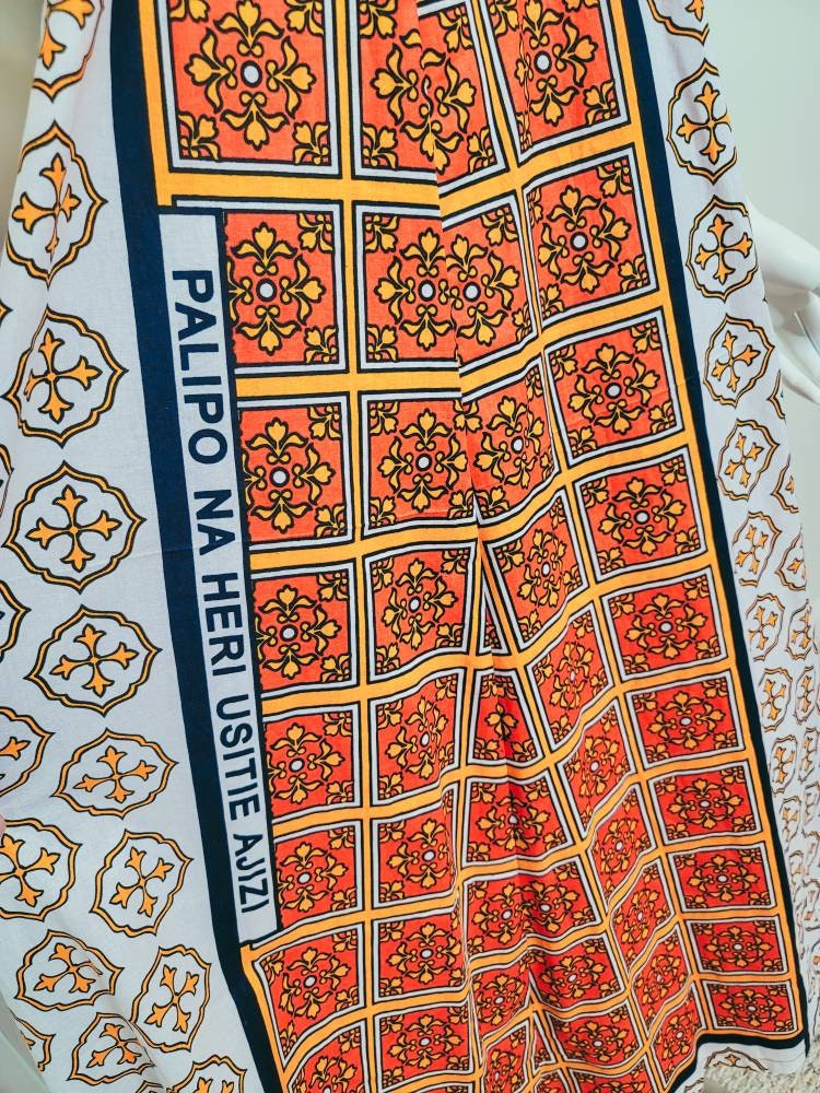 Leso dress w/ wrap swahili African print Pink, Orange and White, A-Line head wrap cotton scarf (US 10)