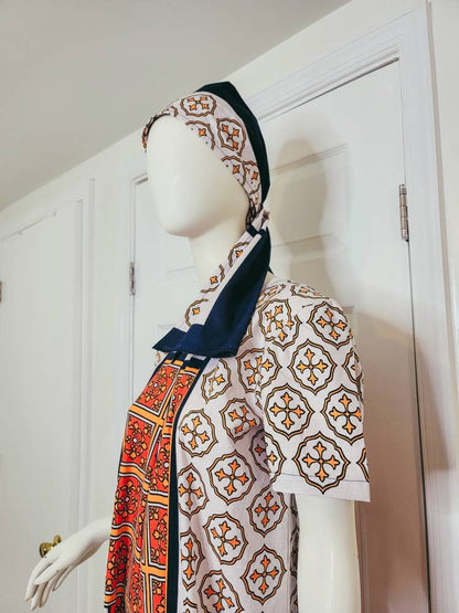 Leso dress w/ wrap swahili African print Pink, Orange and White, A-Line head wrap cotton scarf (US 10)