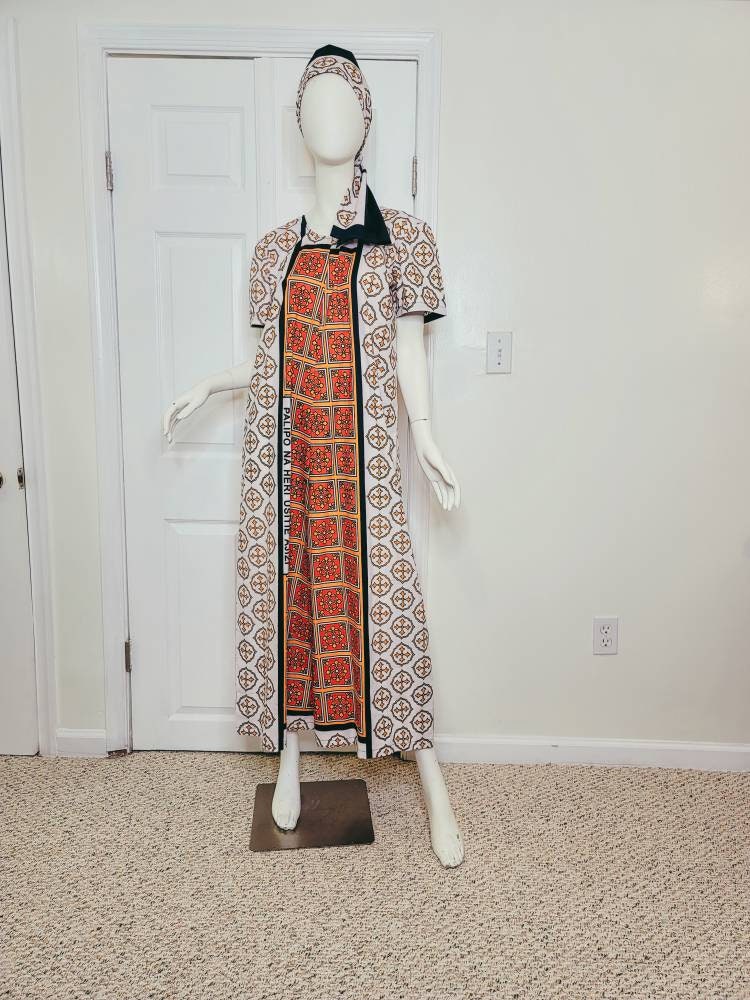 Leso dress w/ wrap swahili African print Pink, Orange and White, A-Line head wrap cotton scarf (US 10)