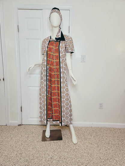Leso dress w/ wrap swahili African print Pink, Orange and White, A-Line head wrap cotton scarf (US 10)