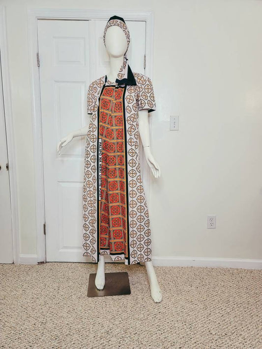 Leso dress w/ wrap swahili African print Pink, Orange and White, A-Line head wrap cotton scarf (US 10)