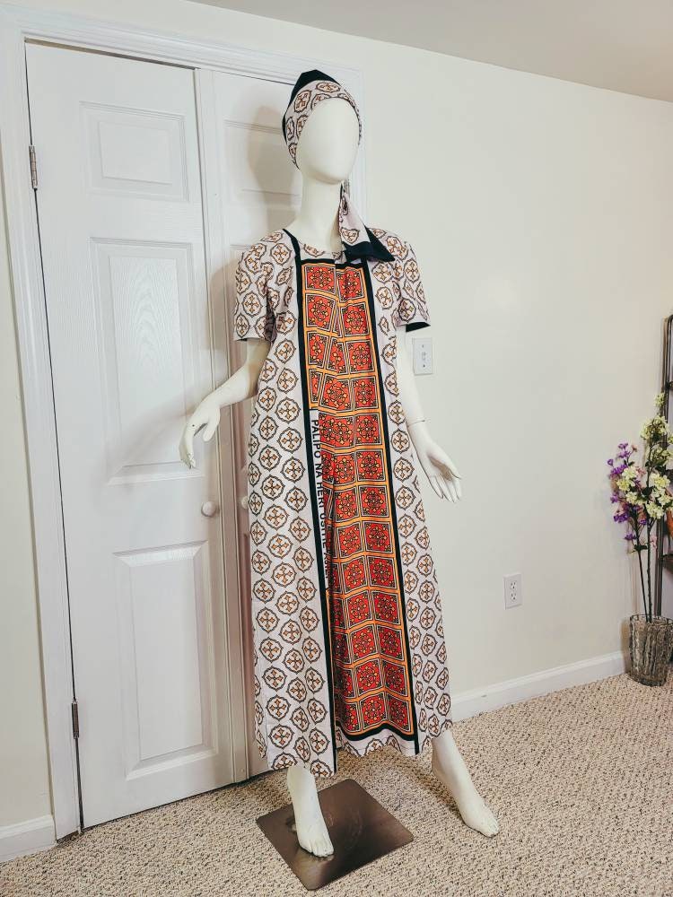 Leso dress w/ wrap swahili African print Pink, Orange and White, A-Line head wrap cotton scarf (US 10)