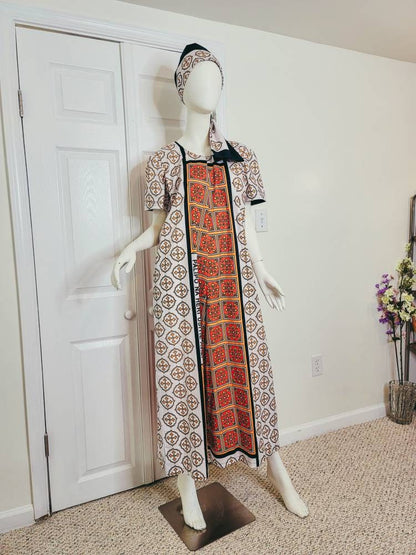 Leso dress w/ wrap swahili African print Pink, Orange and White, A-Line head wrap cotton scarf (US 10)