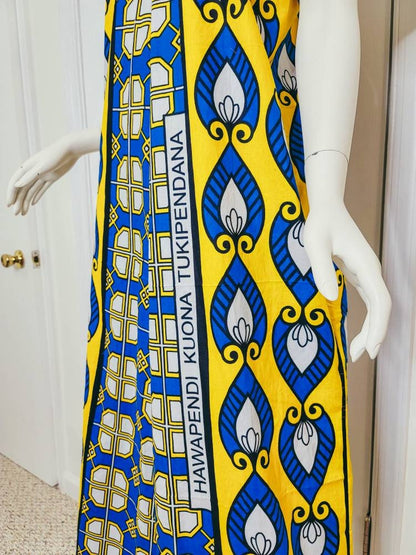 Leso dress w/ wrap swahili African print Blue and Yellow, A-Line head wrap cotton scarf (size US 8)