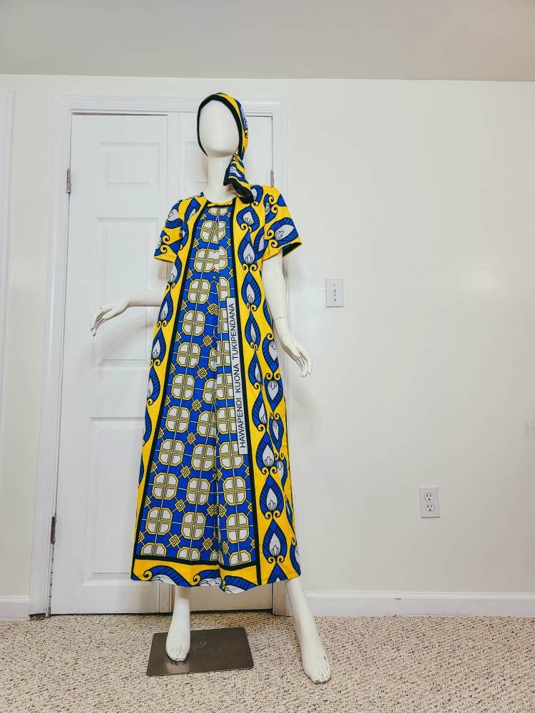 Leso dress w/ wrap swahili African print Blue and Yellow, A-Line head wrap cotton scarf (size US 8)