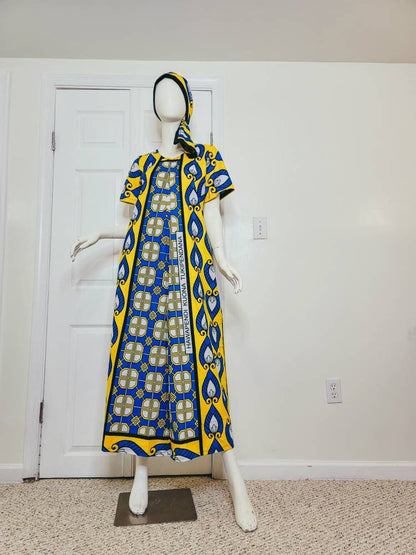 Leso dress w/ wrap swahili African print Blue and Yellow, A-Line head wrap cotton scarf (size US 8)