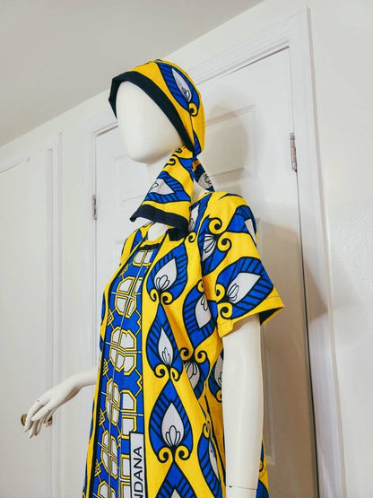 Leso dress w/ wrap swahili African print Blue and Yellow, A-Line head wrap cotton scarf (size US 8)