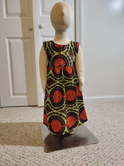 Girl's 2T ankara sun dress African Print kitenge orange, brown and green cotton