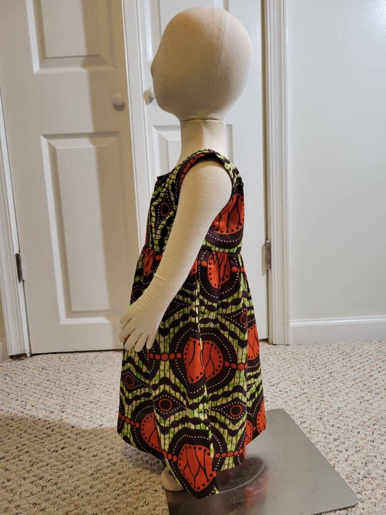 Girl's 2T ankara sun dress African Print kitenge orange, brown and green cotton