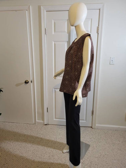 Sleeveless tunic cotton blouse brown with white flowers (size M; US 8)