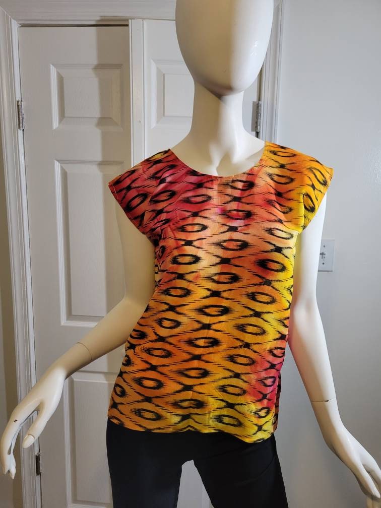 Sleeveless summer blouse- black and orange (size US 8)