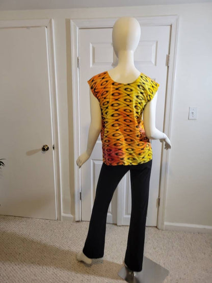 Sleeveless summer blouse- black and orange (size US 8)