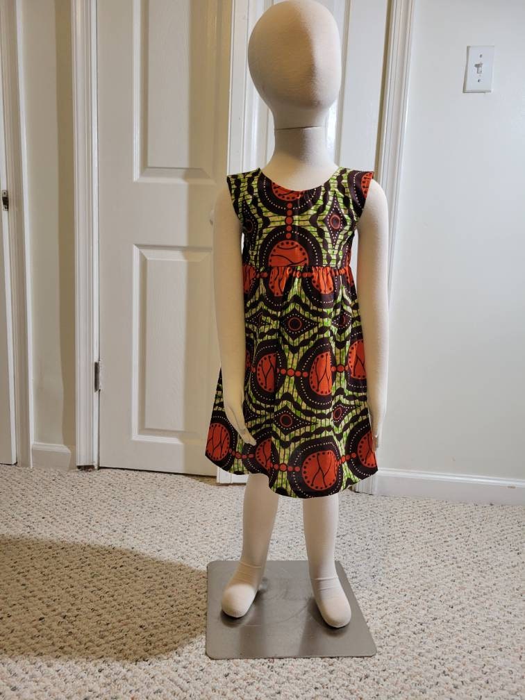 Girl's 2T ankara sun dress African Print kitenge orange, brown and green cotton
