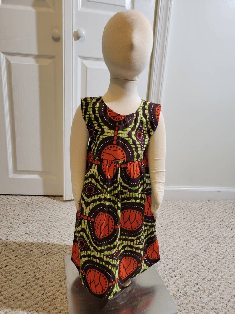 Girl's 2T ankara sun dress African Print kitenge orange, brown and green cotton