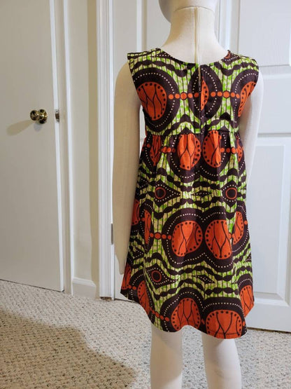 Girl's 2T ankara sun dress African Print kitenge orange, brown and green cotton
