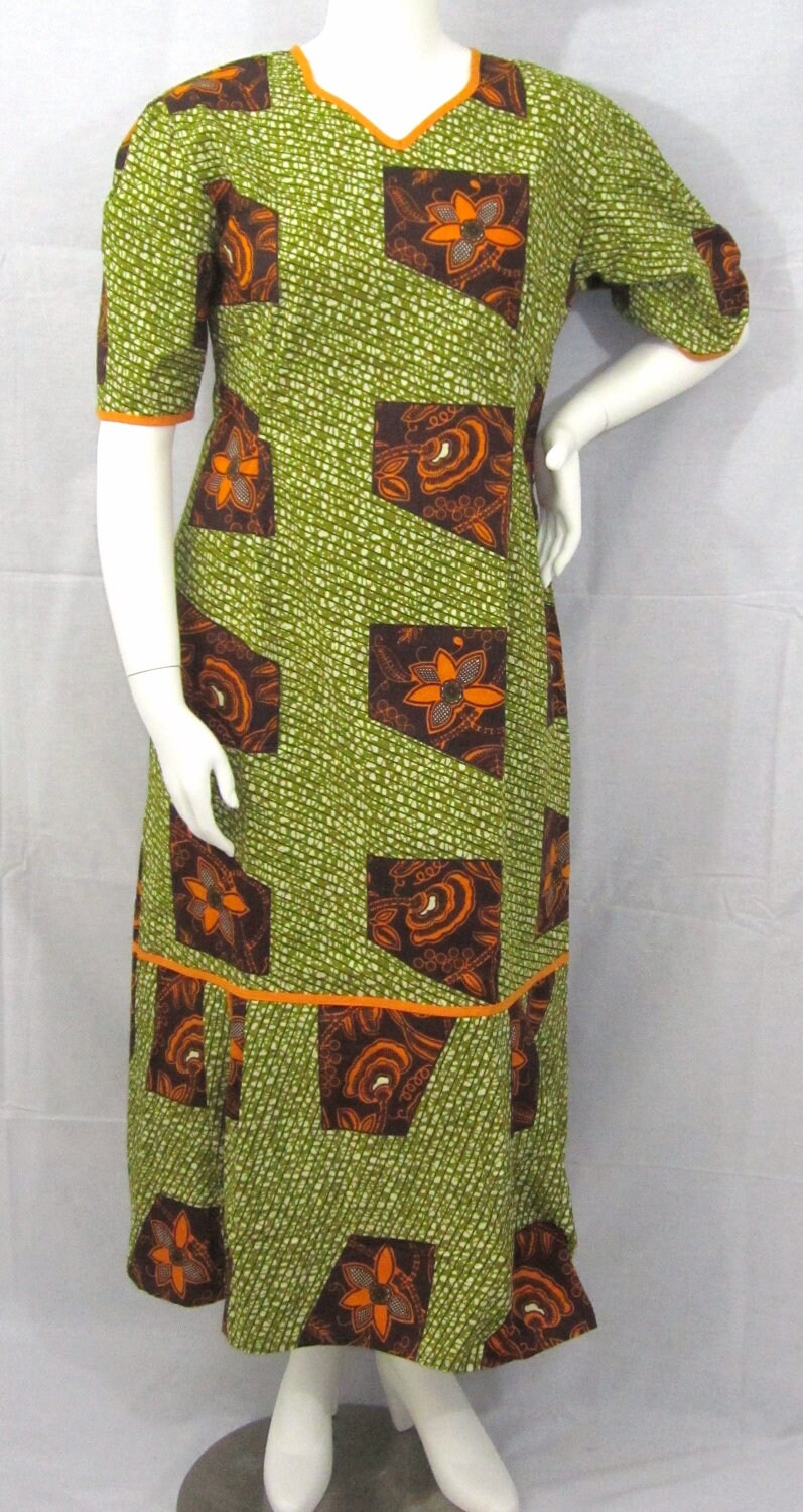 Ankara dress short sleeve African print kitenge Burnt orange and olive green cotton (size L; US 10)