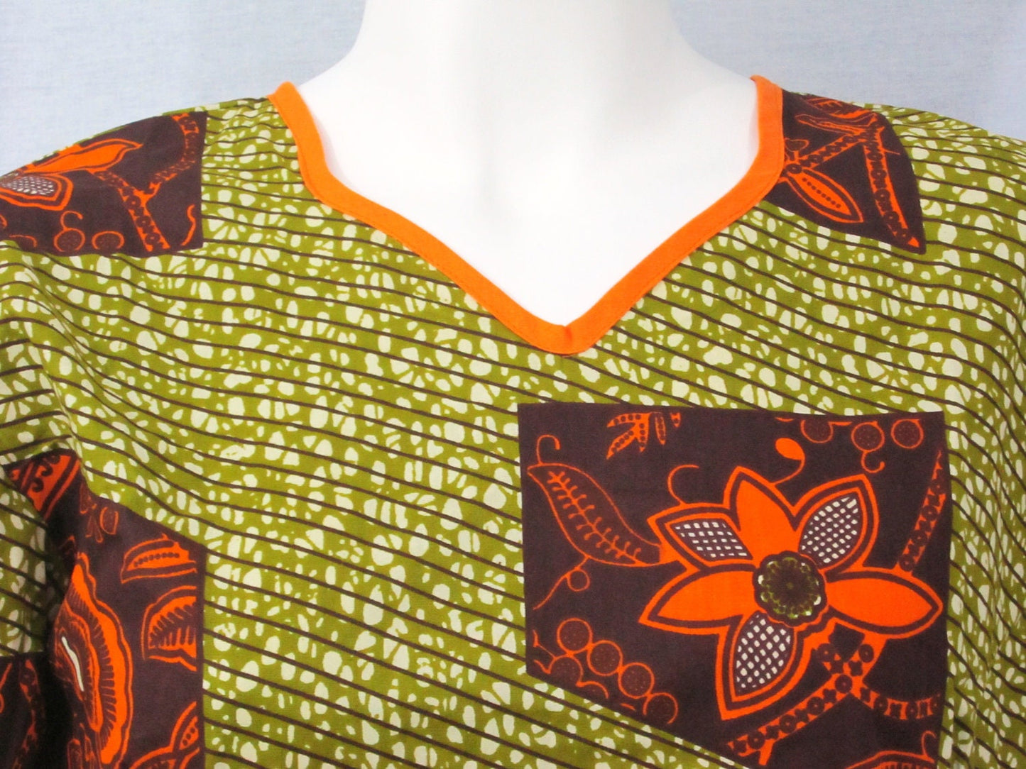 Ankara dress short sleeve African print kitenge Burnt orange and olive green cotton (size L; US 10)
