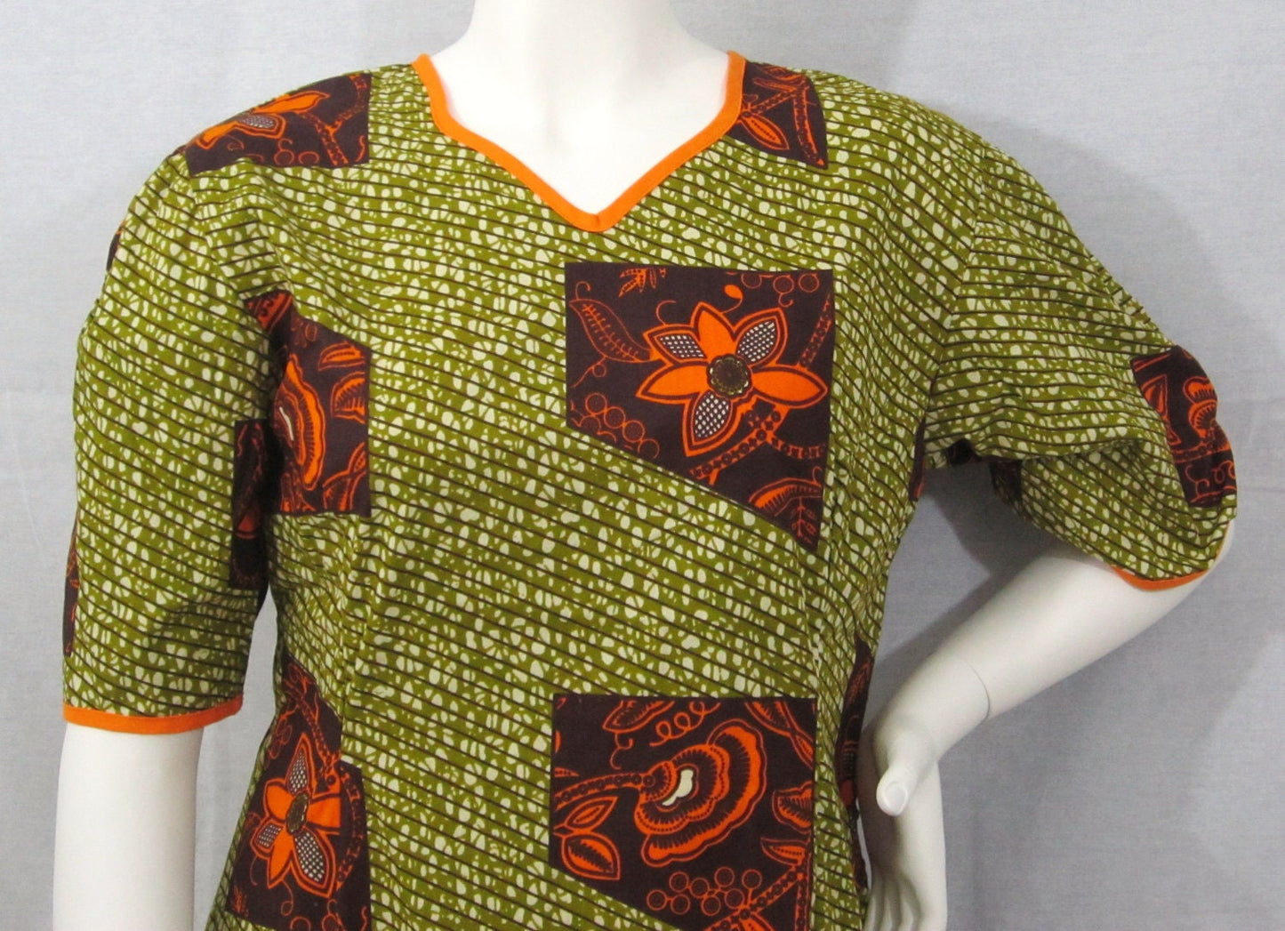 Ankara dress short sleeve African print kitenge Burnt orange and olive green cotton (size L; US 10)