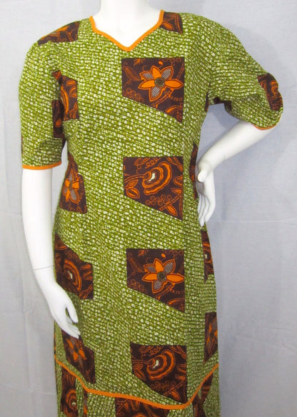 Ankara dress short sleeve African print kitenge Burnt orange and olive green cotton (size L; US 10)
