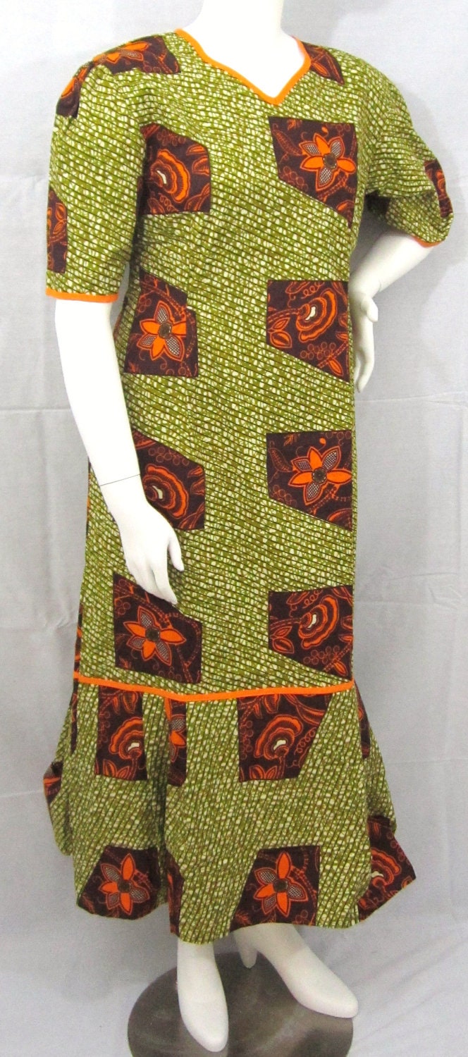 Ankara dress short sleeve African print kitenge Burnt orange and olive green cotton (size L; US 10)