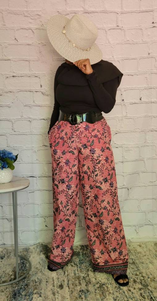 Palazzo summer pants; African print ankara kitenge, red purple floral, elastic waist, belt loop, pockets, straight leg wide, US 4 18, S, XL