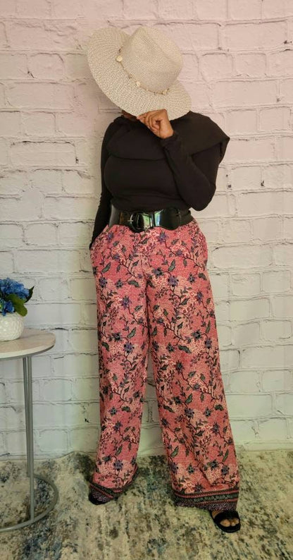 Palazzo summer pants; African print ankara kitenge, red purple floral, elastic waist, belt loop, pockets, straight leg wide, US 4 18, S, XL