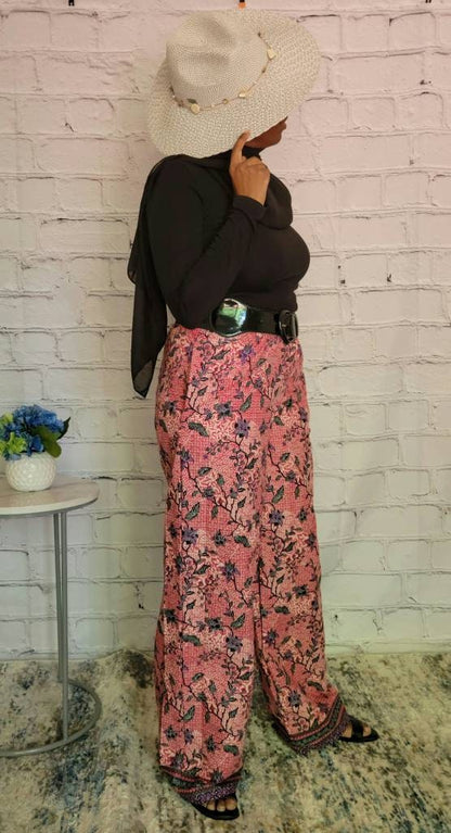 Palazzo summer pants; African print ankara kitenge, red purple floral, elastic waist, belt loop, pockets, straight leg wide, US 4 18, S, XL