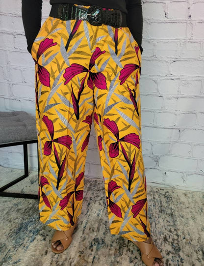 Palazzo summer pants; African print ankara kitenge, red yellow floral, elastic waist, belt loop, pockets, straight leg wide, US 12 L