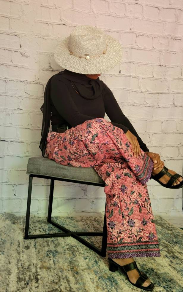 Palazzo summer pants; African print ankara kitenge, red purple floral, elastic waist, belt loop, pockets, straight leg wide, US 4 18, S, XL