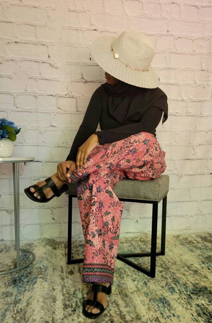 Palazzo summer pants; African print ankara kitenge, red purple floral, elastic waist, belt loop, pockets, straight leg wide, US 4 18, S, XL