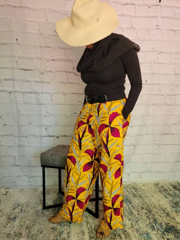 Palazzo summer pants; African print ankara kitenge, red yellow floral, elastic waist, belt loop, pockets, straight leg wide, US 12 L