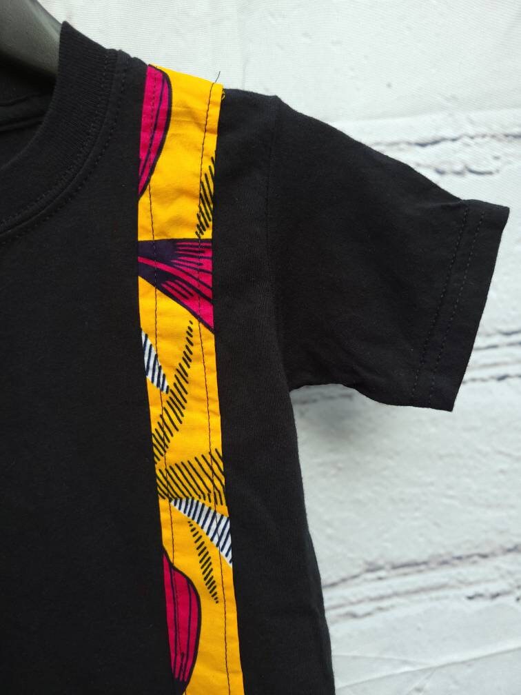 Kid's 3T ankara T-shirt unisex black with burnt yellow African print kitenge band