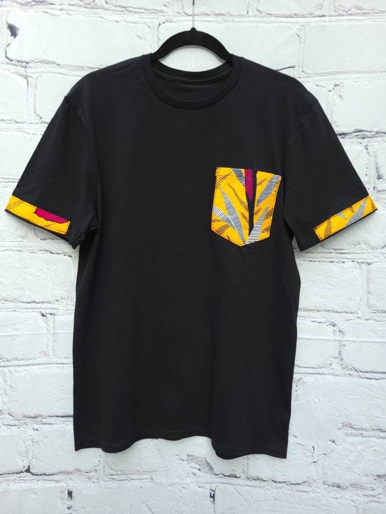 Men's ankara T-shirt black medium size with burnt yellow African print kitenge pocket and sleeve trim