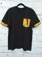 Men's ankara T-shirt black medium size with burnt yellow African print kitenge pocket and sleeve trim