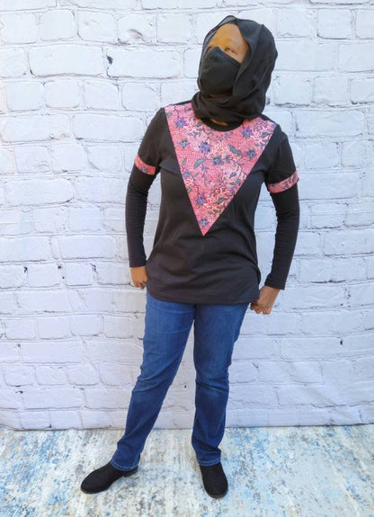 Women's T-shirt black medium with red purple African print kitenge neck embellishment and sleeve trim