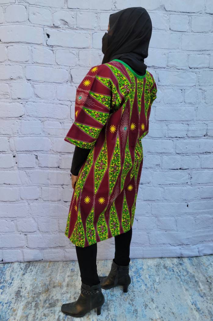 Ankara tunic dress dolman sleeve African Print Kitenge with scarf belt A-line - maroon green yellow cotton 3/4 sleeve (US Size 4-8)