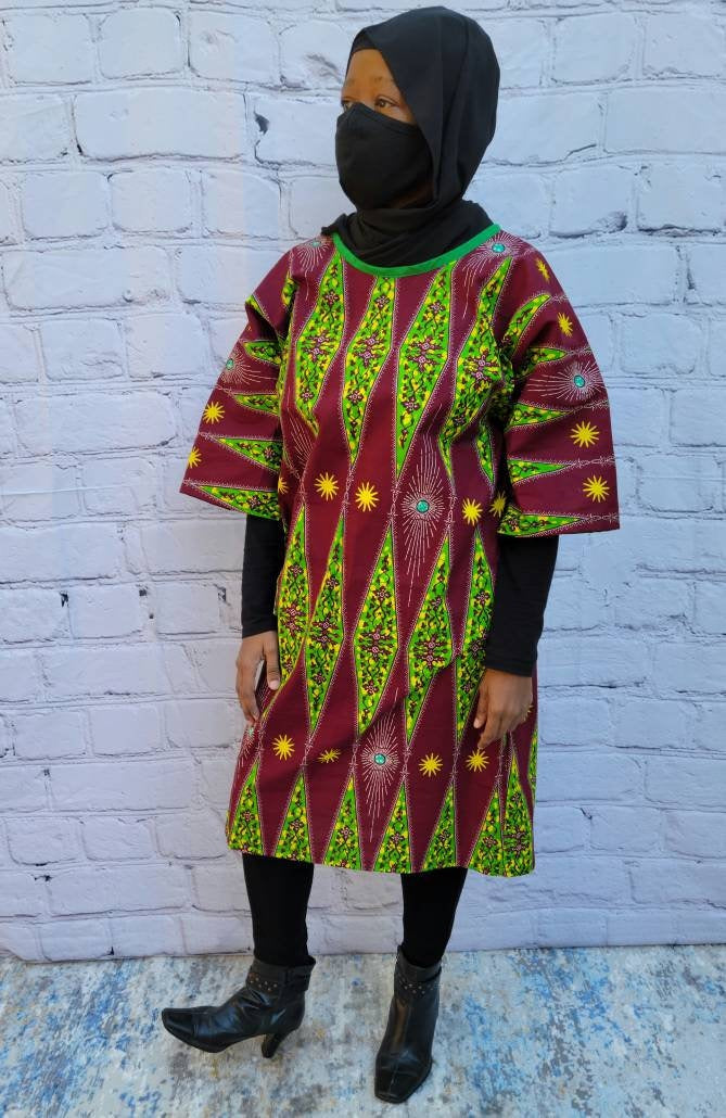 Ankara tunic dress dolman sleeve African Print Kitenge with scarf belt A-line - maroon green yellow cotton 3/4 sleeve (US Size 4-8)