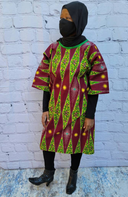 Ankara tunic dress dolman sleeve African Print Kitenge with scarf belt A-line - maroon green yellow cotton 3/4 sleeve (US Size 4-8)