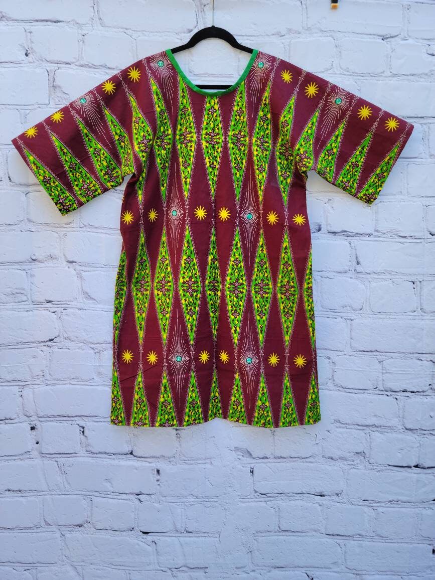 Ankara tunic dress dolman sleeve African Print Kitenge with scarf belt A-line - maroon green yellow cotton 3/4 sleeve (US Size 4-8)