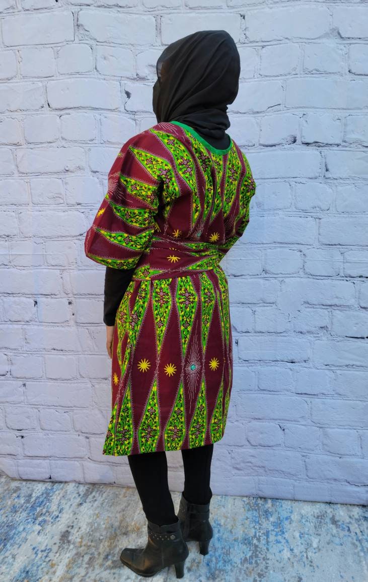 Ankara tunic dress dolman sleeve African Print Kitenge with scarf belt A-line - maroon green yellow cotton 3/4 sleeve (US Size 4-8)