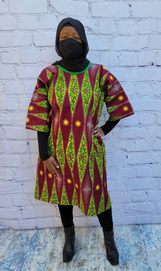 Ankara tunic dress dolman sleeve African Print Kitenge with scarf belt A-line - maroon green yellow cotton 3/4 sleeve (US Size 4-8)