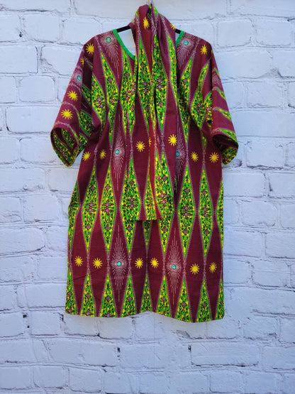 Ankara tunic dress dolman sleeve African Print Kitenge with scarf belt A-line - maroon green yellow cotton 3/4 sleeve (US Size 4-8)