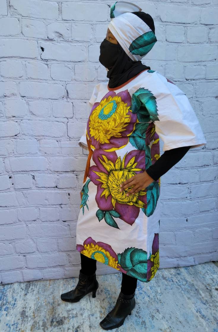 Ankara tunic dress dolman sleeve African Print Kitenge with scarf belt A-line - white brown purple flowers cotton 3/4 sleeve (US Size 4-8)