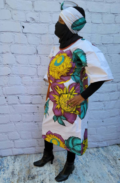 Ankara tunic dress dolman sleeve African Print Kitenge with scarf belt A-line - white brown purple flowers cotton 3/4 sleeve (US Size 4-8)