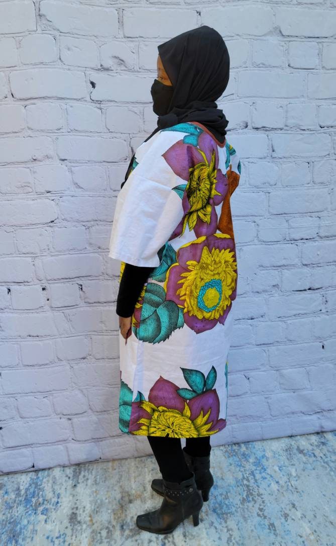 Ankara tunic dress dolman sleeve African Print Kitenge with scarf belt A-line - white brown purple flowers cotton 3/4 sleeve (US Size 4-8)