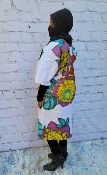 Ankara tunic dress dolman sleeve African Print Kitenge with scarf belt A-line - white brown purple flowers cotton 3/4 sleeve (US Size 4-8)