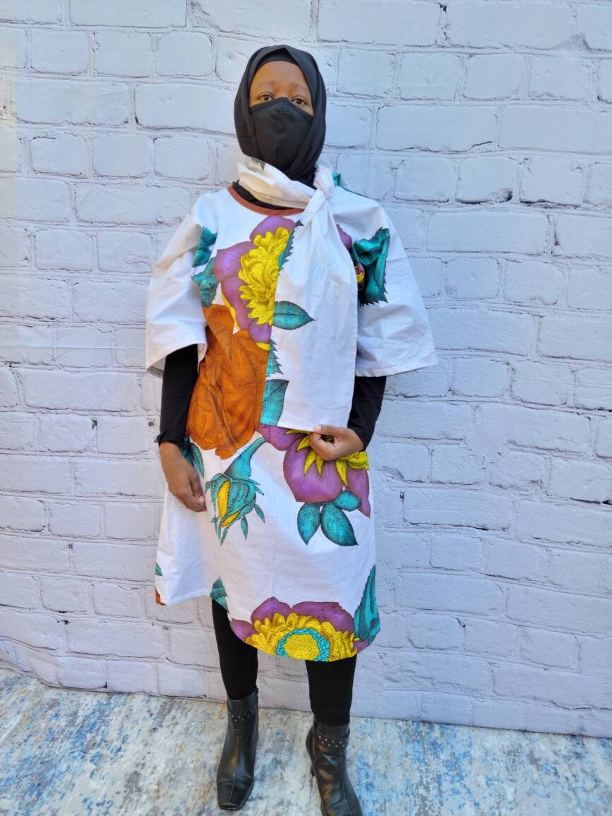 Ankara tunic dress dolman sleeve African Print Kitenge with scarf belt A-line - white brown purple flowers cotton 3/4 sleeve (US Size 4-8)