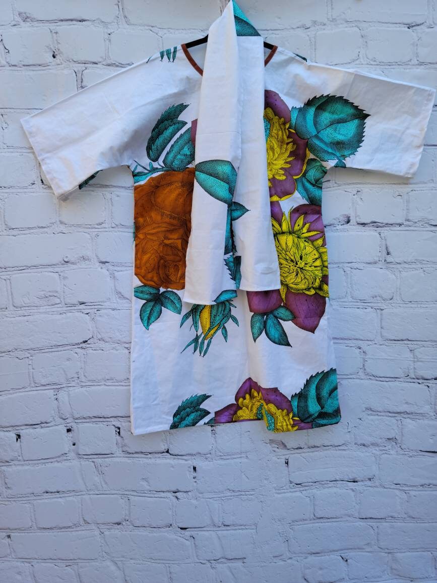 Ankara tunic dress dolman sleeve African Print Kitenge with scarf belt A-line - white brown purple flowers cotton 3/4 sleeve (US Size 4-8)