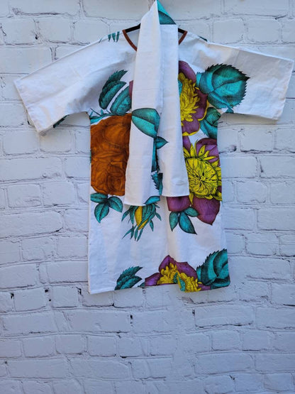 Ankara tunic dress dolman sleeve African Print Kitenge with scarf belt A-line - white brown purple flowers cotton 3/4 sleeve (US Size 4-8)